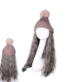 Womes Pink Winter Knit Hat with Ombre Grey Synthetic Long Curly Corn Wave Hair Attached Wig Cap