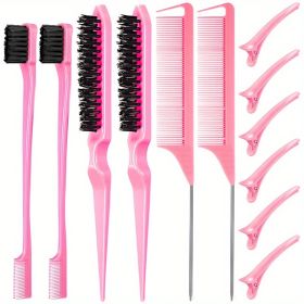 12 pieces Salon-Grade Nylon Teasing Brush Set with Double-Sided Design and Duckbill Clips for Smooth and Controlled Hair Styling (Color: Pink)