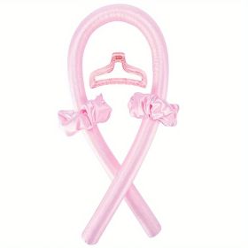 Soft Rubber Sleeping Curls Headband with Hair Clips and Scrunchie - No Heat Curls Ribbon for Lazy Hair Care (Color: Pink)